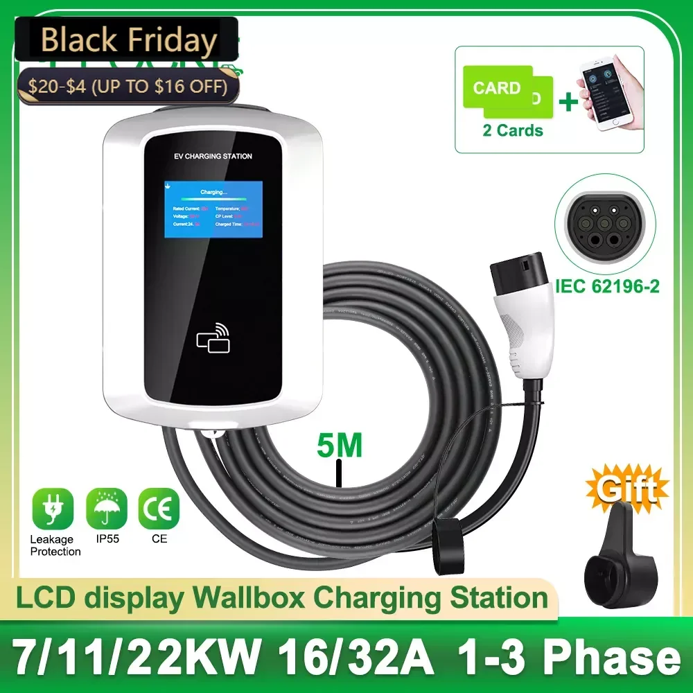 

Peocke Type2 EV Charging Station 32A Electric Vehicle Car Charger EVSE Wallbox Wallmount 7/11/21KW IEC62196 Cable APP Control