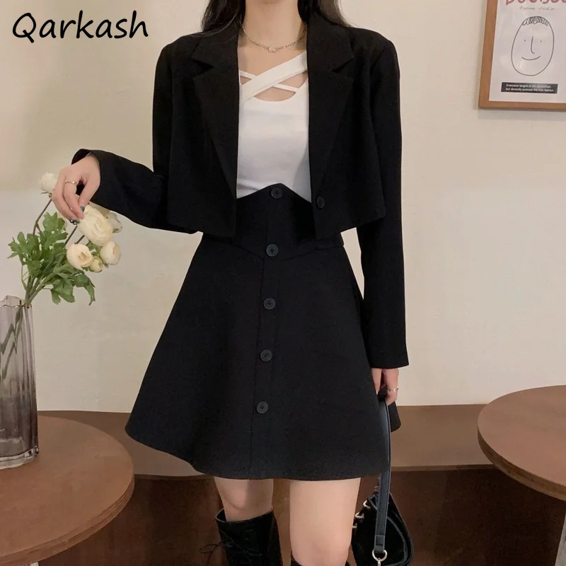 

Black Sets Women Office Lady Slim Clothes Elegant Fashion New Spring Fall Design Cropped Blazer and Korean Style Mini Skirts Ins