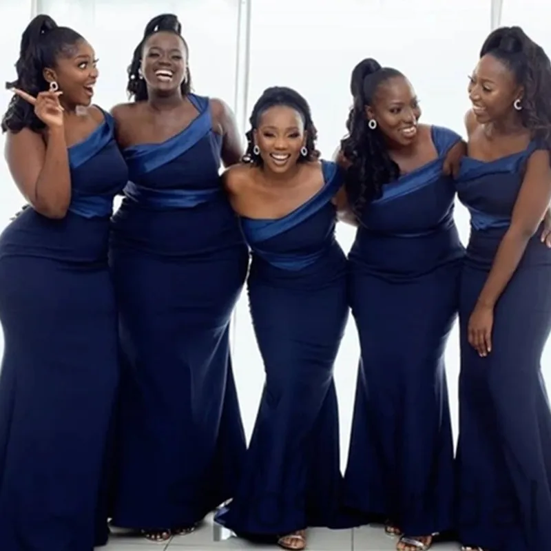 

2022 простые Африканские элегантные темно-синие платья подружки невесты с одним открытым плечом без рукавов длиной до пола атласные с молние...