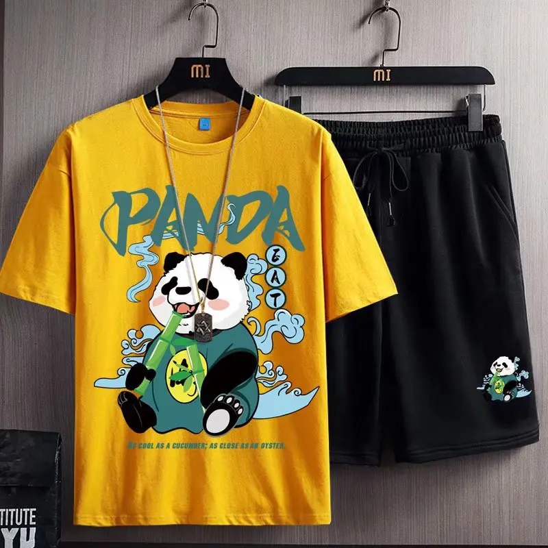 

2022 Summer New Men's Beach Sets Boy Harajuku Fashion Tracksuit Men Two Piece Set Print T Shirt+Shorts Casual Joggers Sets 5XL