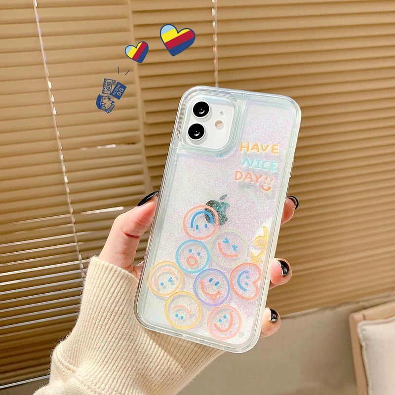 Cute Smiley Shell Glitter Hard Phone Cases For iPhone 14 13 12 11Pro Max Xs 7 8 Plus Xr X Dynamic Liquid Quicksand Cover Case