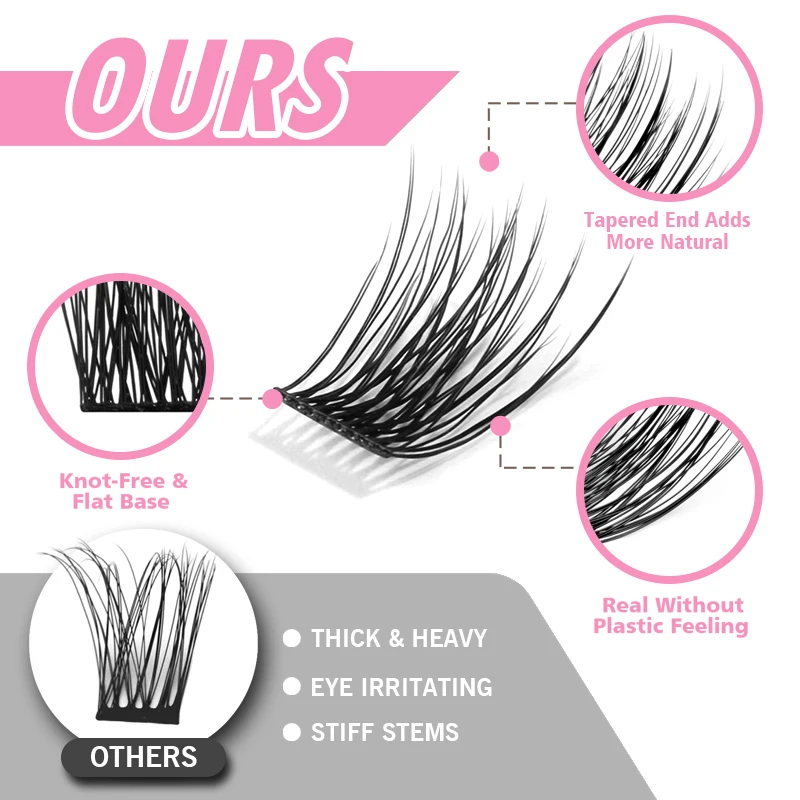 ETVITE DIY Clusters Eyelash Extension Dovetail Segmented Lashes 48 Volume Natural Eyelashes Bundles