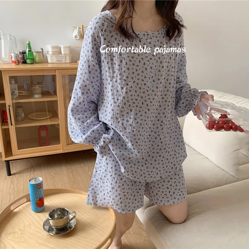 Ins Women Pajamas Printing Long Sleeve Shorts Loose Nightgown Korean Chic Comfortable Summer New 2 Piece Set Sleepwear