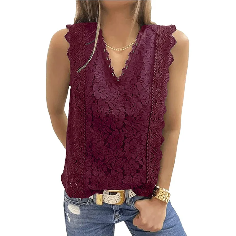 Elegant Tank Top Women Blouse Lace Embroidery White Shirts Feminina Sexy V-neck Sleeveless Summer Tops Ladies Casual | Женская одежда