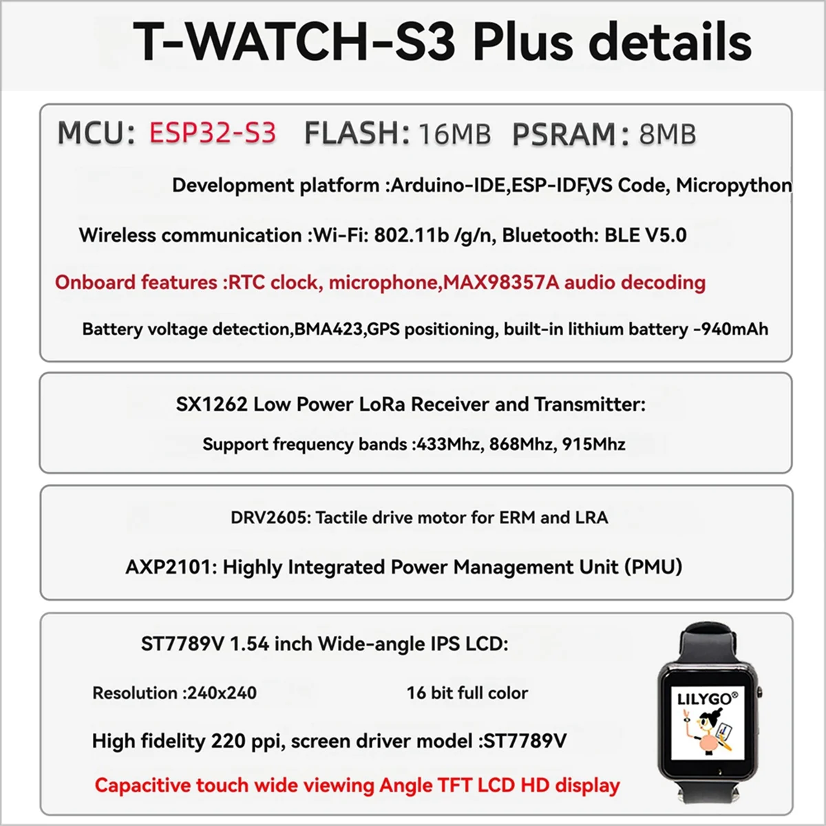 Фото НОВЫЕ программируемые сенсорные часы LILYGO T-Watch-S3 Plus ESP32-S3 с GPS LoRa Программируемые макетные часы 915 МГц №3