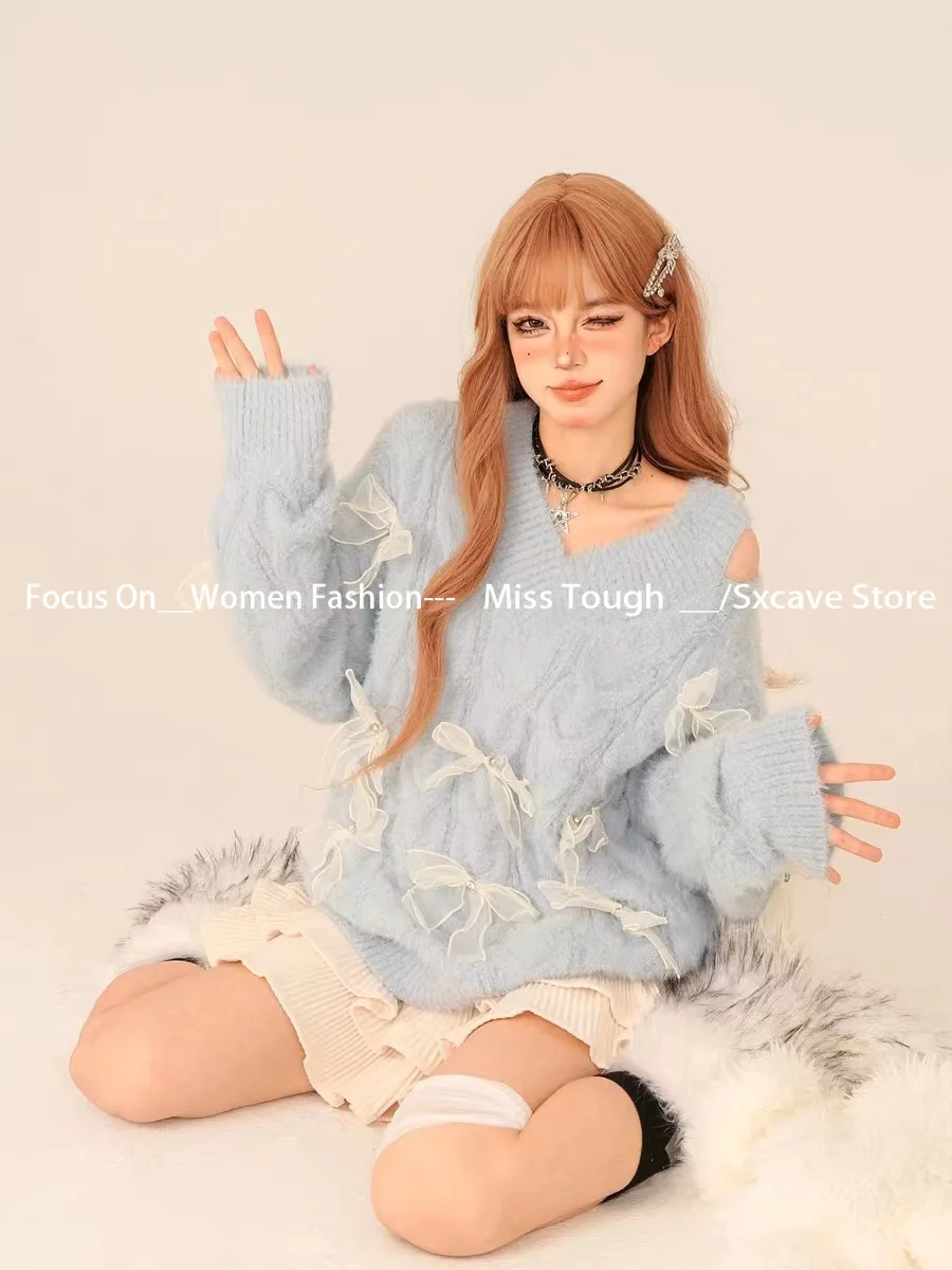 Японский кавайный вязаный свитер женский сексуальный тонкий винтажный