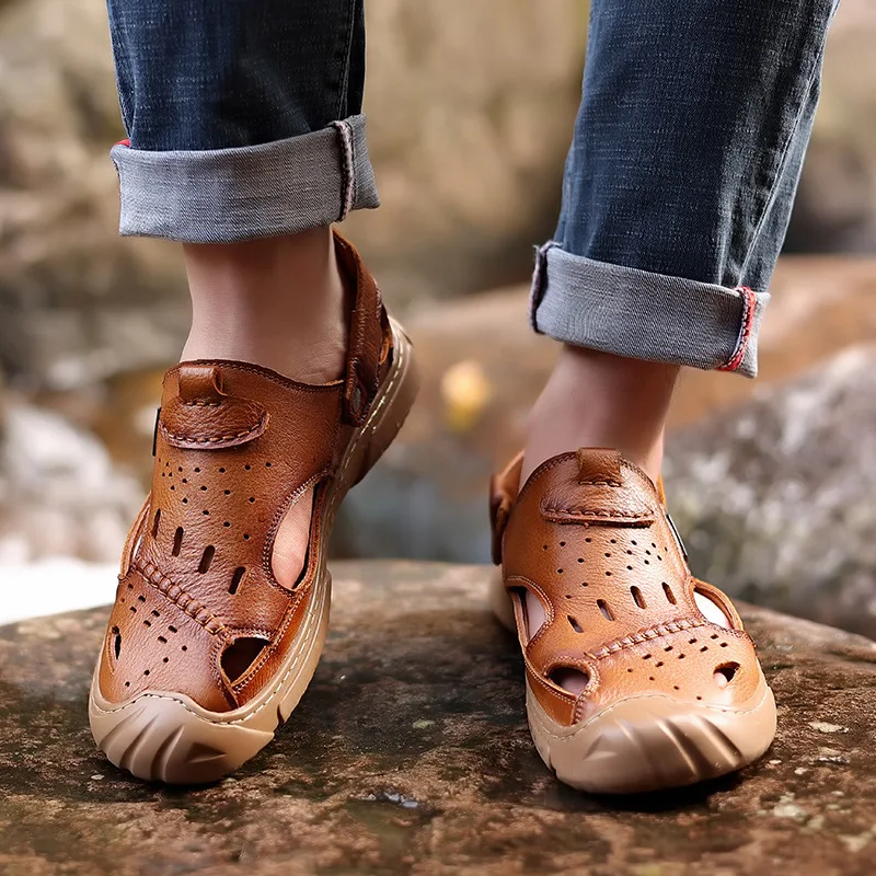 SALUDAS Sandals Men Genuine Leather Handmade Luxury Sandals Summer Anti-Skid Breathable Outdoor Beach Slippers Casual Shoes