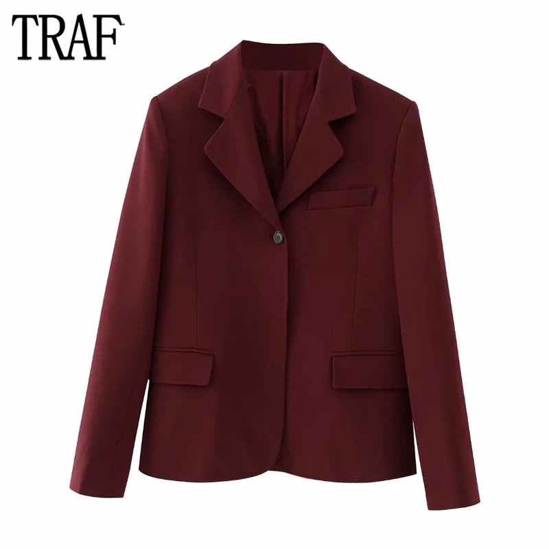 

TRAF Wine Office Blazer Woman Tailored Button Jacket Women Long Sleeve Straight Blazers for Women Masculine Blazer Women Coats