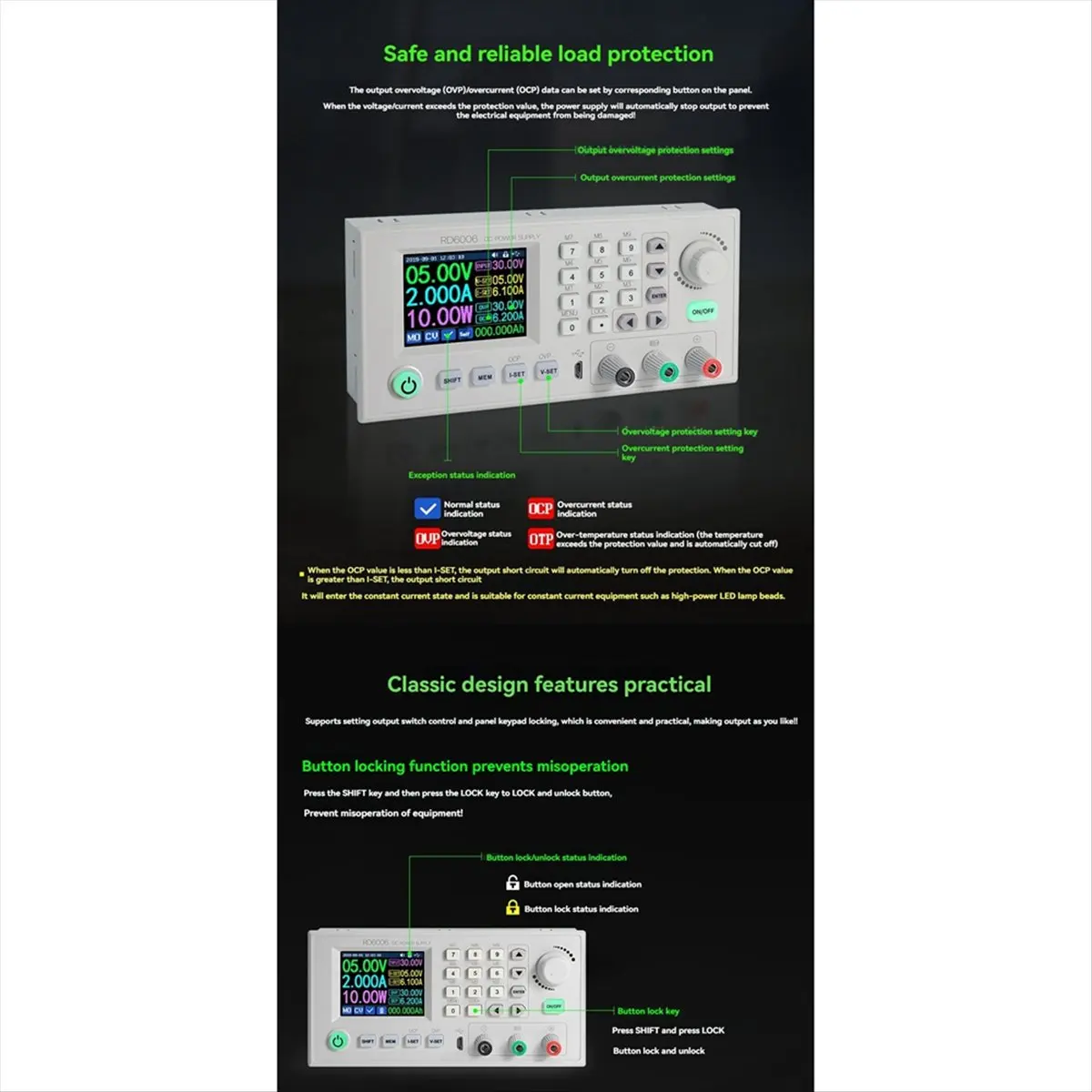 Фото Цифровой преобразователь питания GTS RD6006W, 60В 6А, модуль стабилизированного напряжения постоянного тока. №1