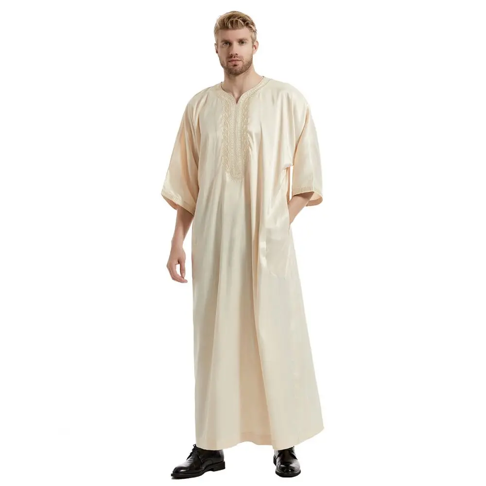 Middle East Muslim Robe Men's Arab Islamic National Costume New Satin Mid-Sleeve High Sense Top Large Size Loose Long T-Shirt