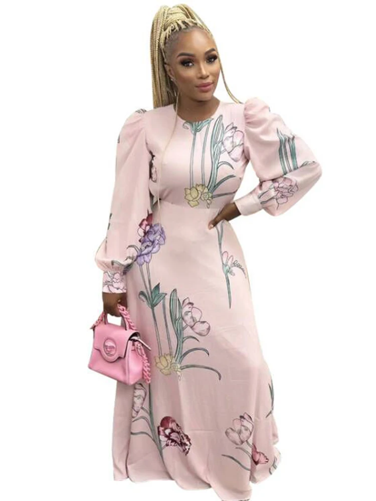 

Long African Dress Women High Waist Full Sleeve Backless Robe Fashion New Floral Print Sweet Elegant African Maxi Dress Vestidos