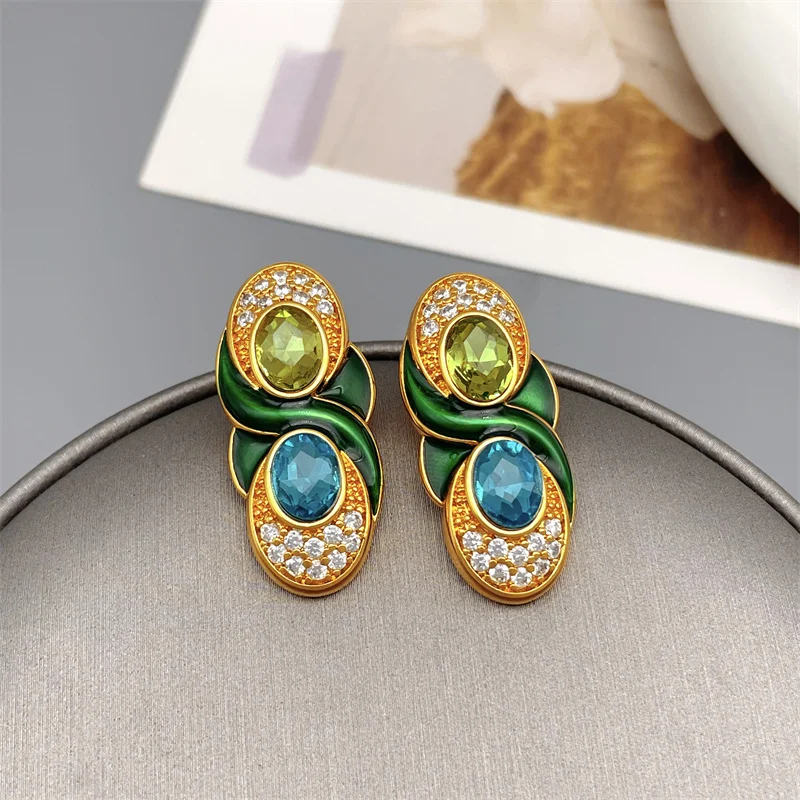 

European And American Retro Inlaid Colorful Zircon Full Drill Irregular Stud Earrings For Women Elegant And Exquisite Earrings