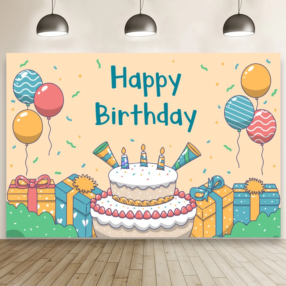 

Cartoon Big Cake Kids Background Happy Birthday Ribbons Balloons Newborn Baby Party Table Backdrop Photo Booth Poster