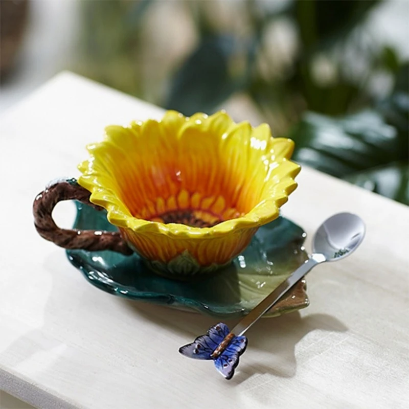 

150 ml Creative Sunflower Enamel Porcelain Ceramic taza mugs set Cup Original Home Decor Porcelain Butterfly Spoon Coffee Cups