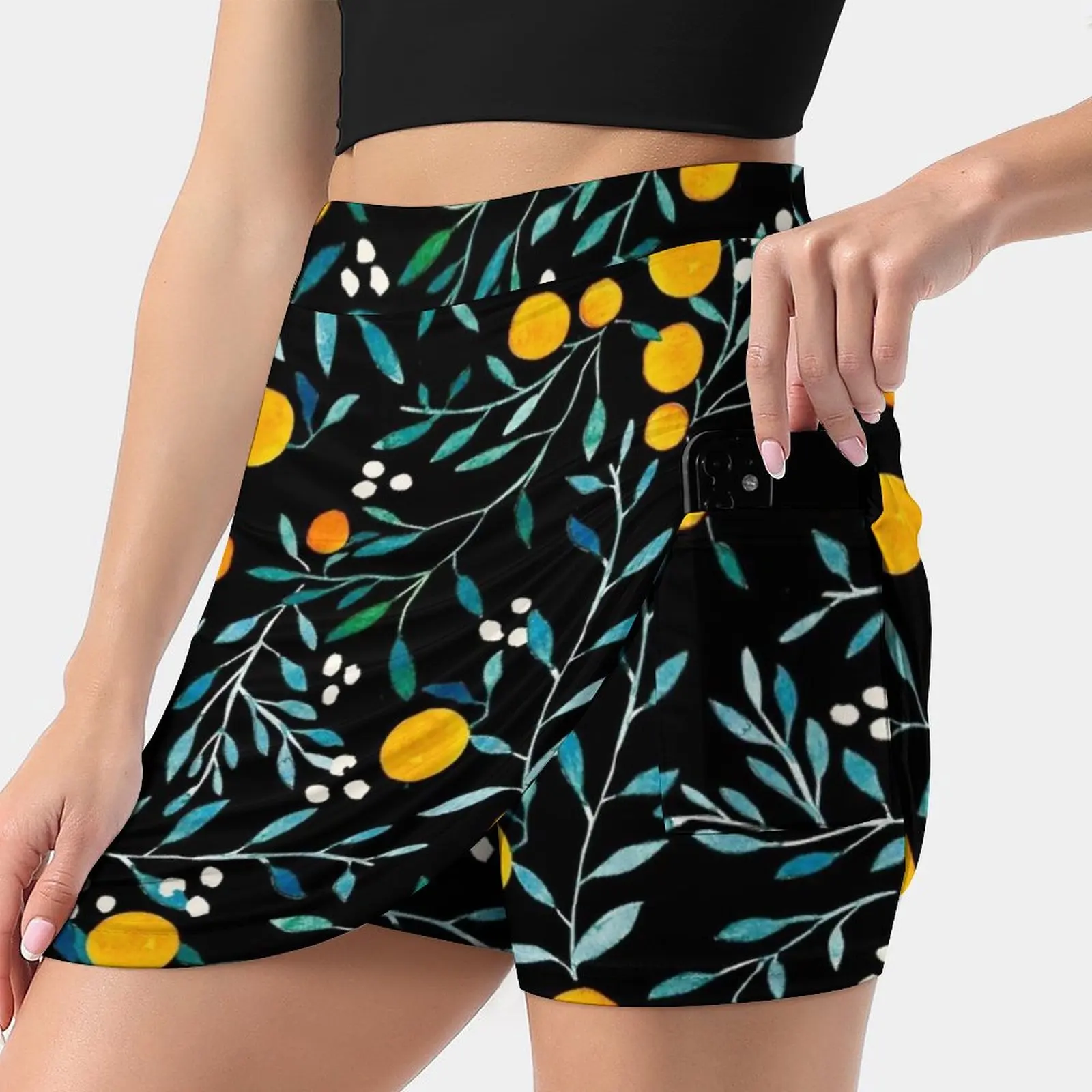 

Oranges On Black Women's skirt Mini Skirts A Line Skirt With Hide Pocket Watercolor Pattern Floral Floral Pattern Pattern