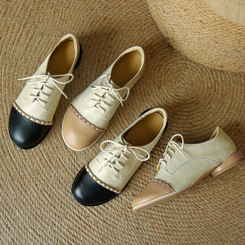 

2023 Spring Genuine Leather Mix Color Chain Design Girls School Shoes Lace-up Round Closed Toe Derby Oxfords Women Brogues Flats