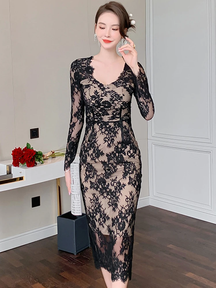 

2022 Spring Classic Black Women's Dress Elegant Sexy V-neck Midi Lace Embroidery Hollow Skinny Party Vacation Holiday Vestido