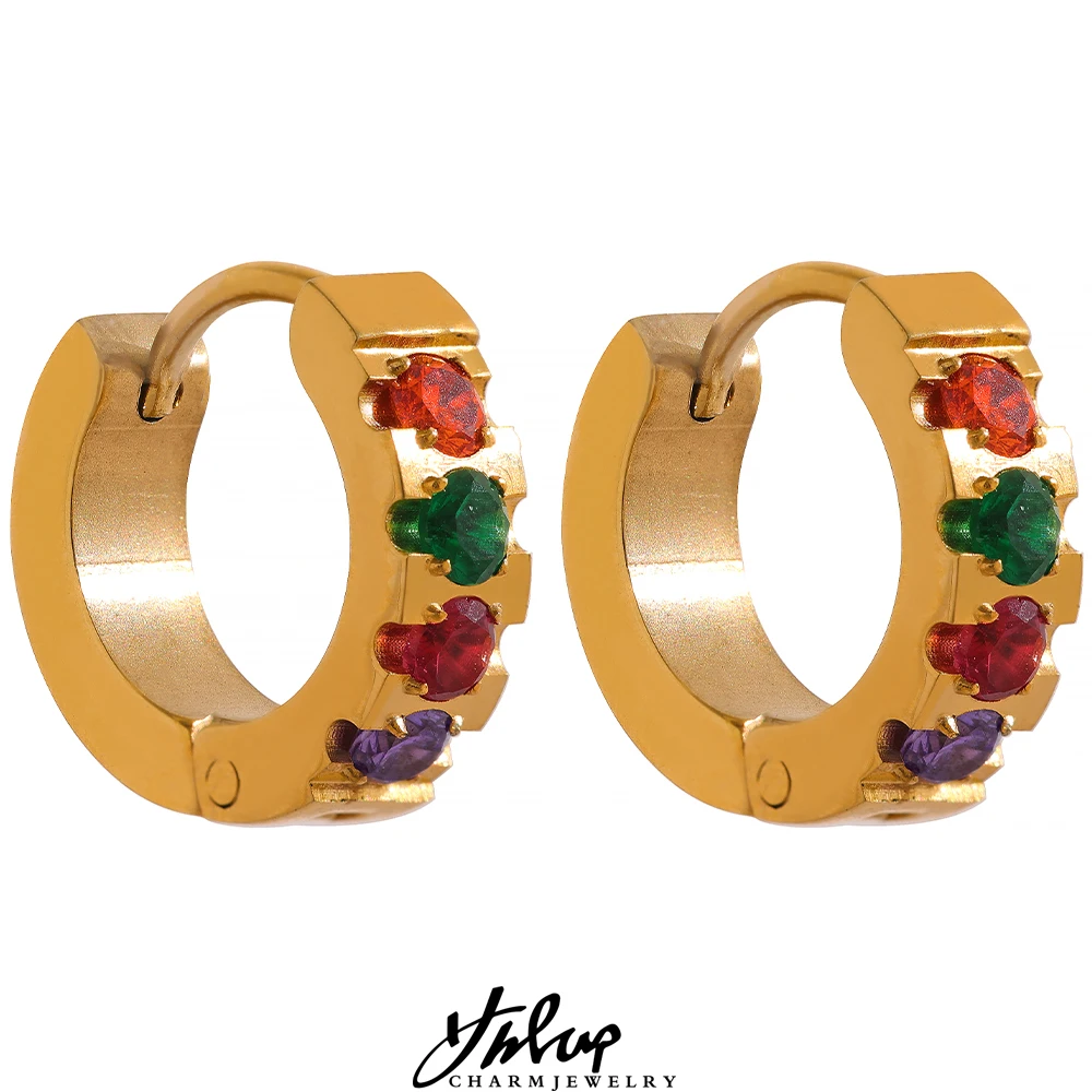 

Разноцветные Круглые серьги-кольца из нержавеющей стали с радужным фианитом