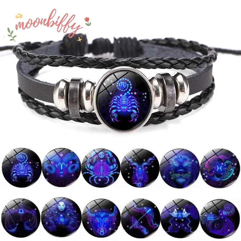 12-созвездие знака зодиака черный плетеный кожаный браслет рак лев Дева весы