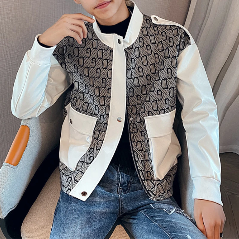

Autumn Winter Letter Splicing Leather Jackets Men Stand Collar PU Motorcycle Jacket Business Casual Social Coats Men Clothing