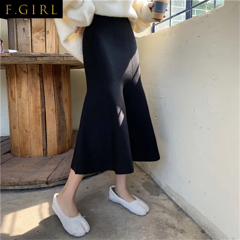 2022 New Elegant Solid Women Midi Skirts Loose High Waist Hip Slim Knit Skirt Casual Fishtail Office Lady Work Wear