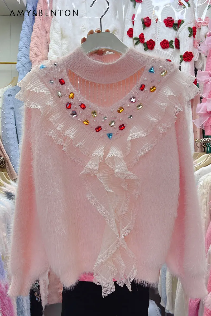 

Autumn Winter New Sweet Heavy Industry Colorful Crystals Halter Tassels Loose-Fitting Slimming Mink-like Wool V-neck Sweaters