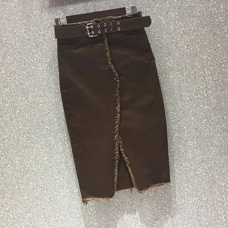 

Женская джинсовая юбка миди, Демисезонная юбка с высокой талией и разрезом, 2022