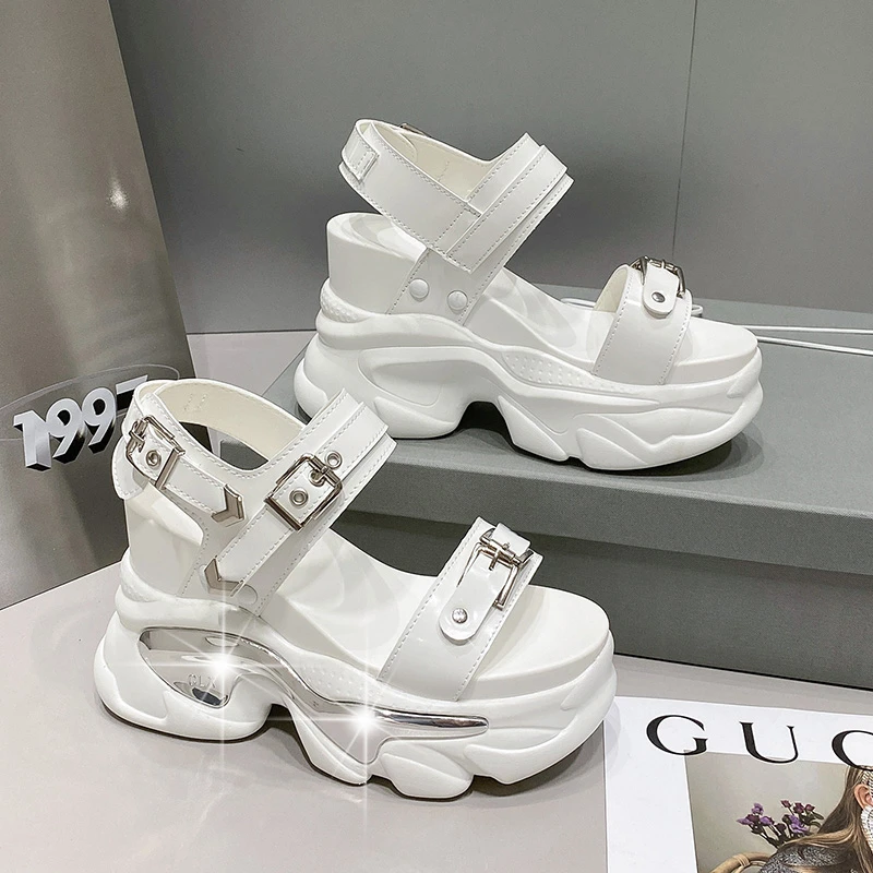 Buckle Strap Chunky Sandals Women Summer High Platform Wedges Slippers Woman New Metal Decoration Thick Bottom Slides 10CM Pumps