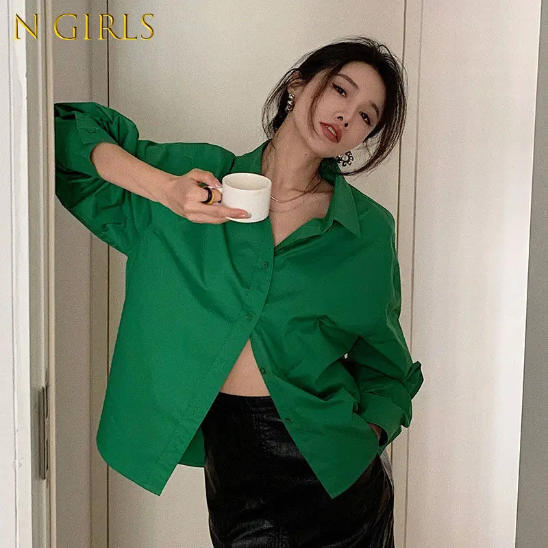 

N GIRLS Long Sleeve Shirts Women Autumn New Solid Cozy Stylish All-match Students Turn-down Collar Korean Style Female Elegant