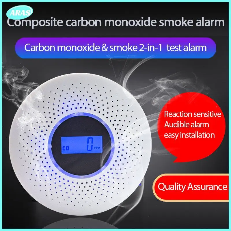 

2-in-1 Carbon Monoxide Smoke Alarm Combined Type Alarm Smoke Detector With LCD Display LED Light Flashing Sound CO Warner