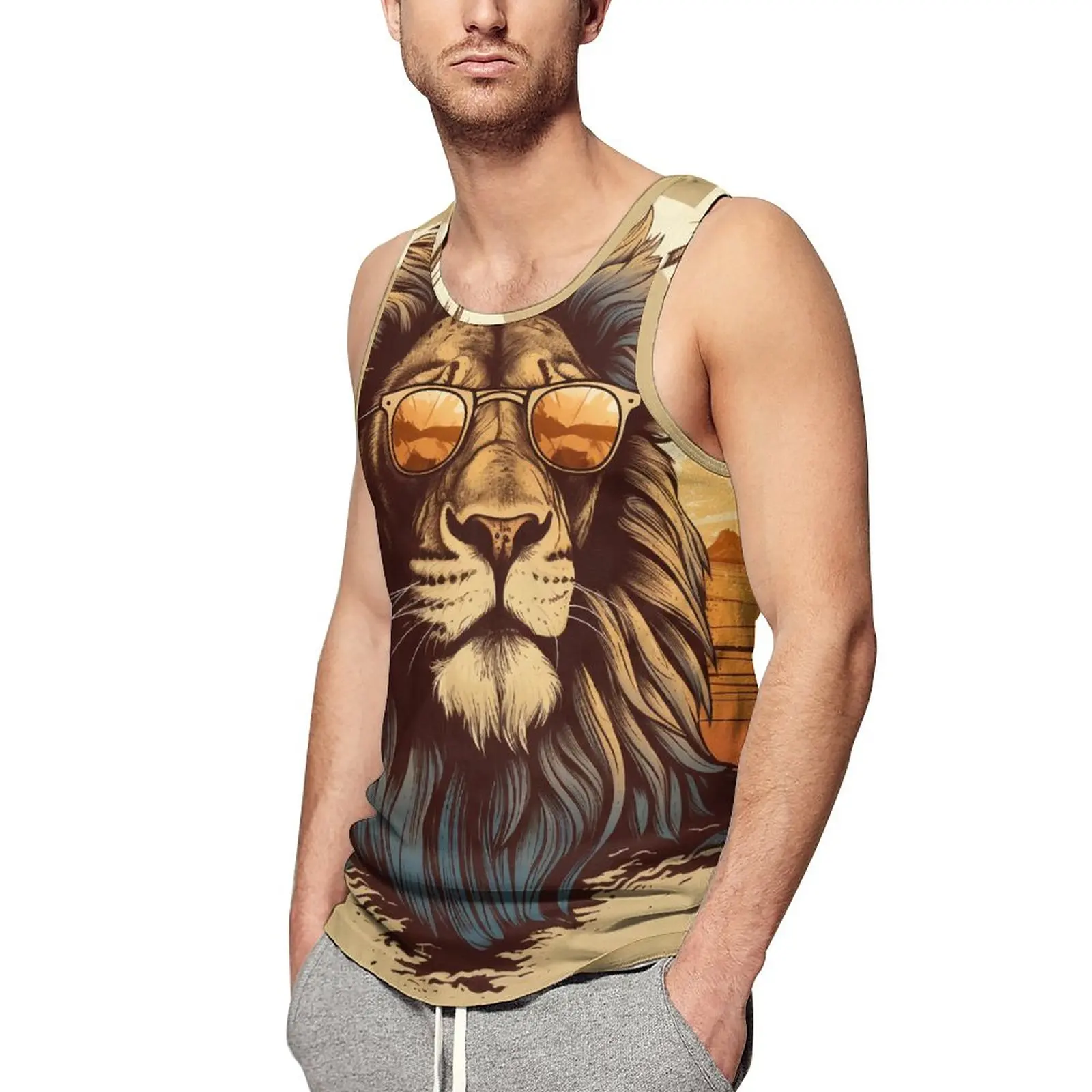 

Lion Summer Tank Top Retro Sunset Animals With Sunglasses Bodybuilding Tops Man Printed Muscle Sleeveless Vests Big Size