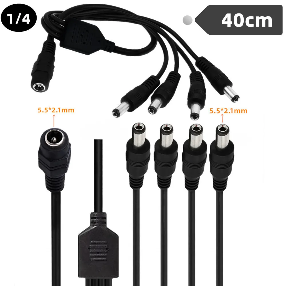 

5.5mm X 2.1mm DC Power Splitter Cable 1 Female to 4 Male Output Y Adapter for CCTV Security Cameras and LED Strip Lights 40cm