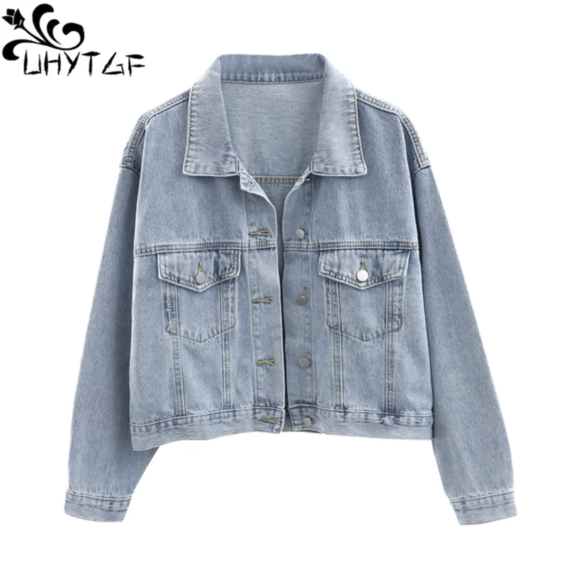 

UHYTGF 2022 Spring Denim Jacket Women's Loose Pocket Long Sleeve Casual Short Jeans Coat Female Vintage Blue Student Outewear 75