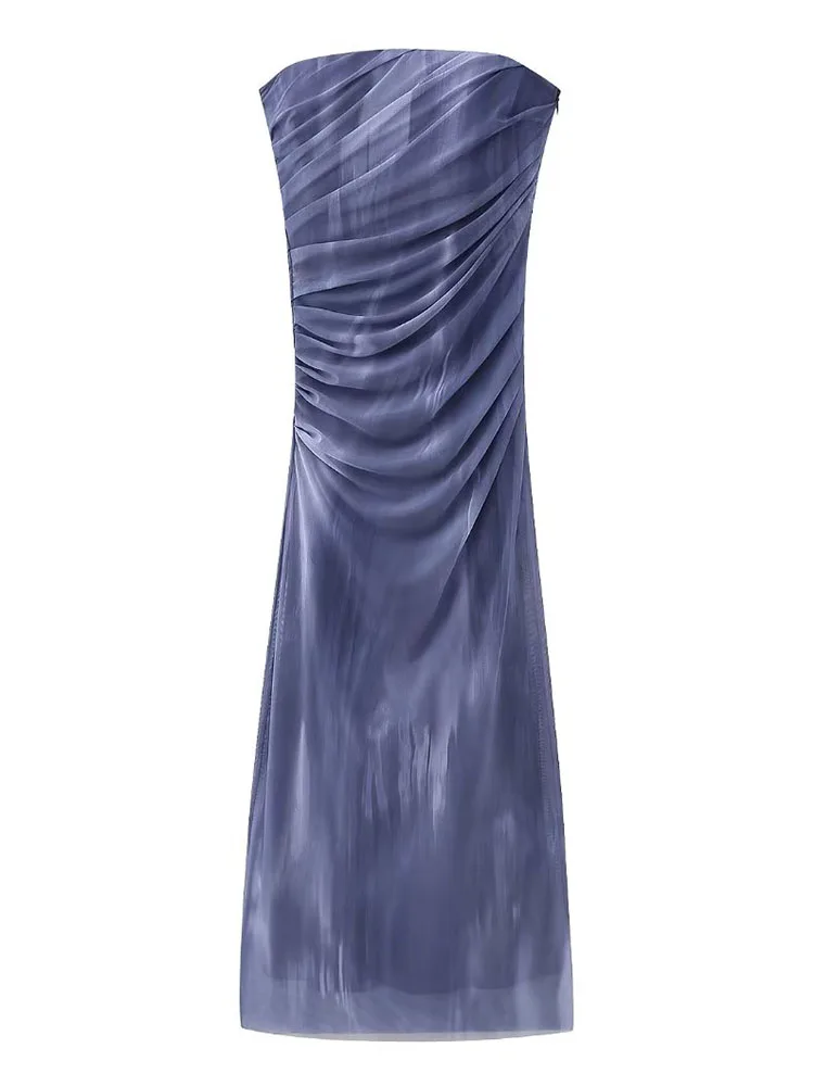 

TRAF Sexy Women Print Tulle Strapless Dresses 2023 Summer Elegant Female Sleeveless Pleated Back Zipper Slim Sheath Long Dress