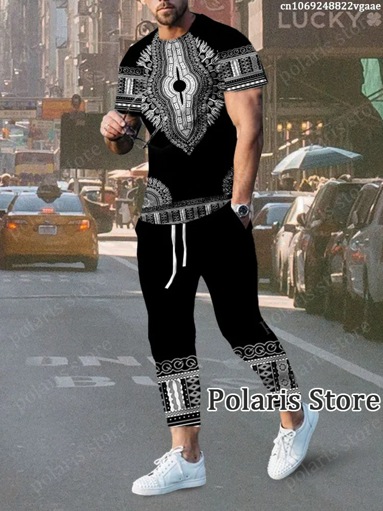 African Clothes For Men Dashiki T Shirt Trousers Traditional Wear Clothing Short Sleeve  Retro Streetwear Vintage Ethnic Style