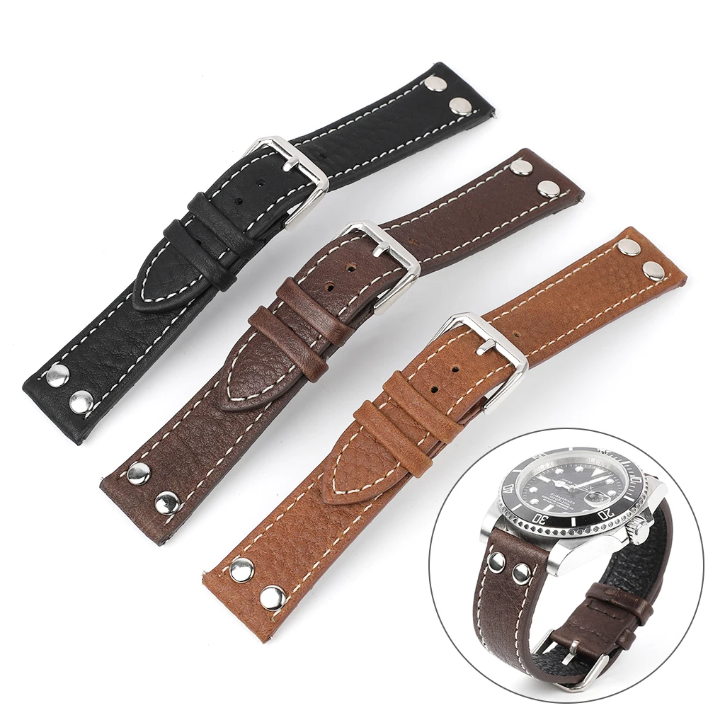 

Ремешок из натуральной кожи для наручных часов, сменный Браслет с рисунком личи, с заклепками, черный, кофейный, коричневый