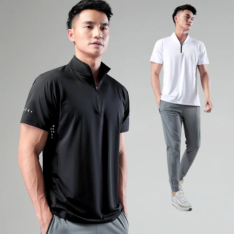 

Men's T-shirt Summer New Business Casual Stand-up Collar Polo Short-Sleeved Men's Milk Silk Elastic Quick-Drying Men's clothes