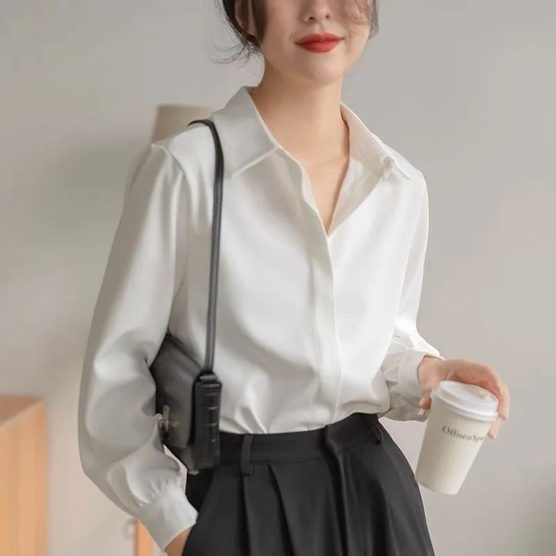 

HOUZHOU Basic White Long Sleeve Shirts Women Office Ladies Elegant and Youth Blouse Female Autumn Aesthetic Casual Clothes Loose