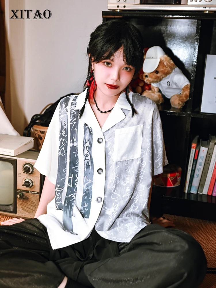 

XITAO Vintage Print Women Shirt Loose Fashion Contrast Color Irregular Patchwork Top Summer New Shirt Sleeve Shirt HQQ0930