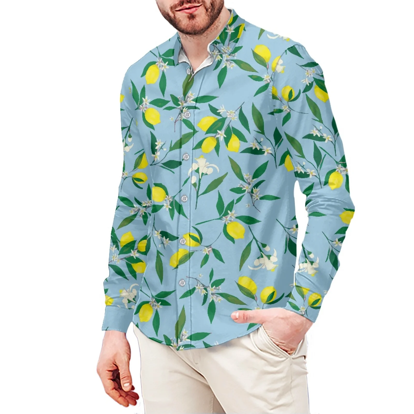 Lemon Fashion Print Slim Fit T-Shirt Polynesian Samoa Hawaiian Style Long Sleeve Shirt Men's Dress Shirt Wedding S-6x