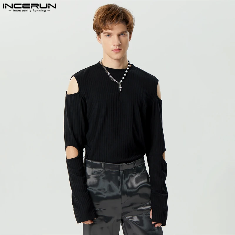 

INCERUN Tops 2023 Handsome Mens Sexy Off Shoulder Hollow T-shirts Fashion Well Fitting Solid Thimble Long Sleeved Camiseta S-5XL