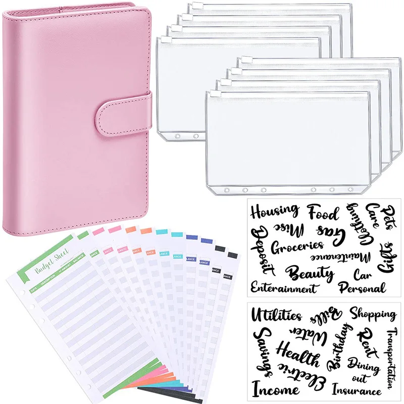 

A6 PU Leather Binder Budget Planner Organizer 6 Ring Binder Cover 8pcs Binder Pockets 12Pcs Expense Budget Sheets 1set