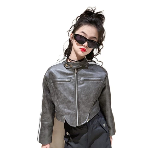 Кожаная куртка для девочек Новинка 2023 Детская осенняя Корейская версия модный и зарубежный топ для девочек куртки