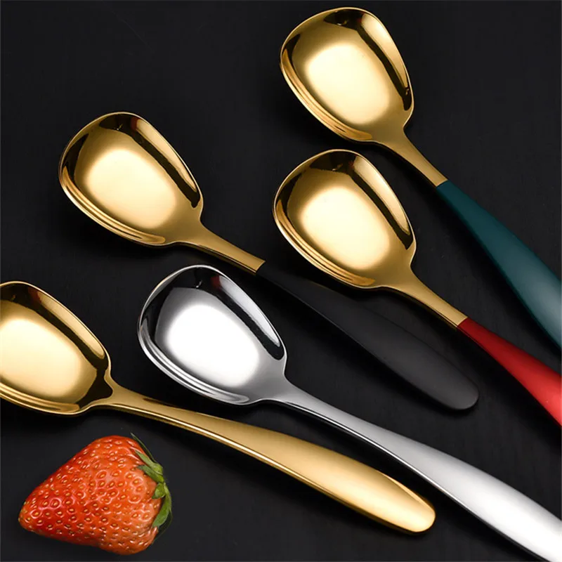 

1PC Large Stainless Steel Spoon Golden Food Service Shovel Home Tableware Long Handle Square Spatula Creative Kitchen Dinnerware