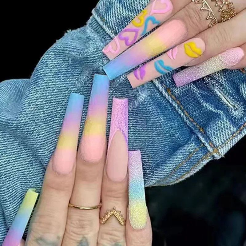 

Long Ballerina Rainbow Color 24pcs Press On Nails Set Detachable False Nail Hot Lip Pattern Fake Nails Matte Manicure