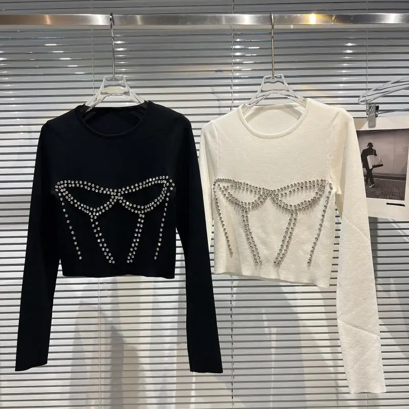 

2022 Spring New Rhinestone Beaded Stretch Slim Sweater Shirt T-shirt Women Cropped Top Solid Color Girls Long Sleeve T-shirts