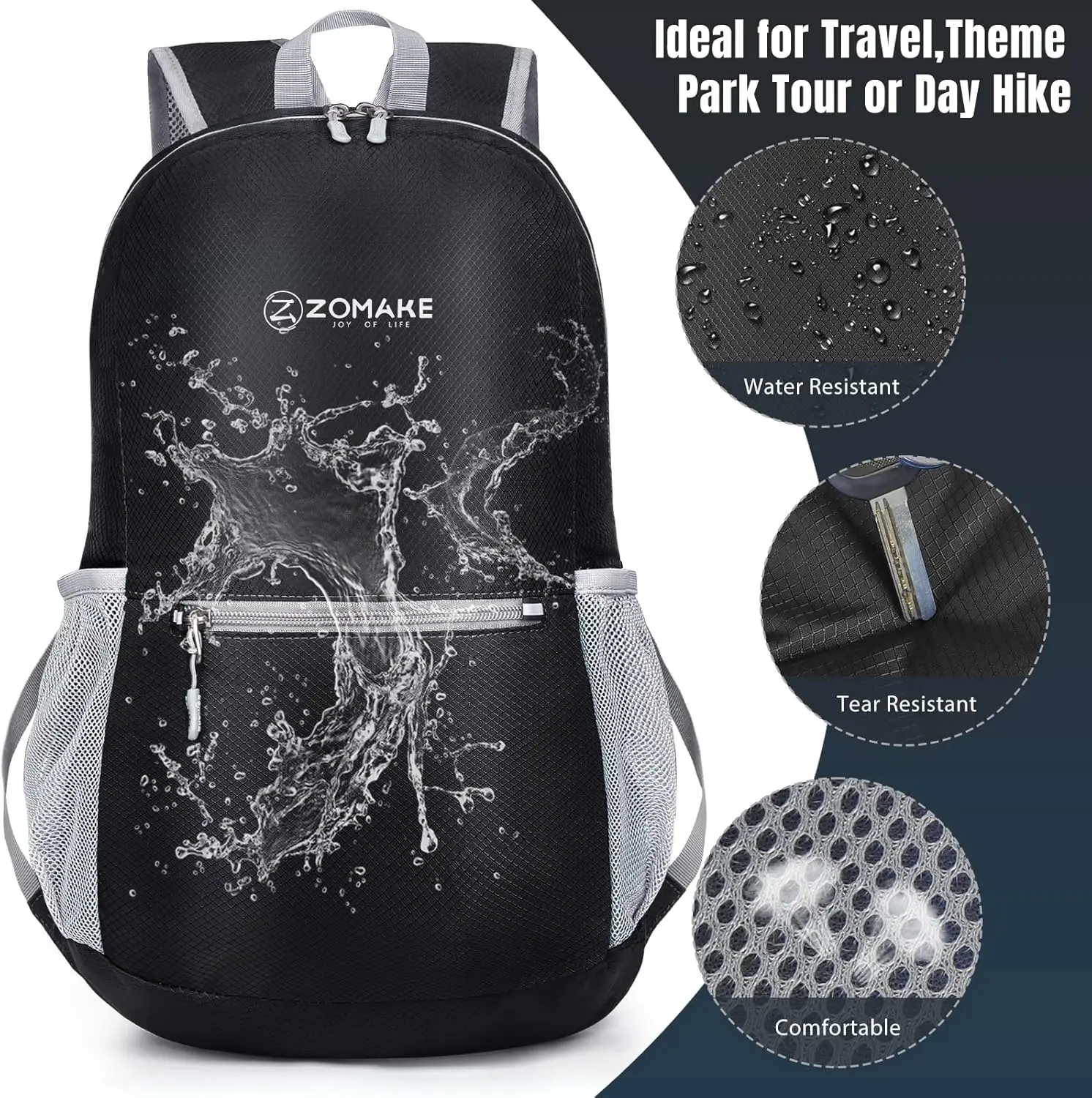Фото ZOMAKE Ультралегкий походный рюкзак 20 л, компактные небольшие рюкзаки, водонепроницаемый рюкзак для женщин и мужчин (черный) №4