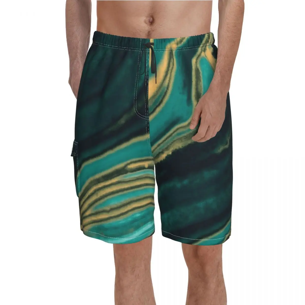 

Marble Art Board Shorts Aqua And Metallic Gold Marble Texture Funny Beach Short Pants Man Print Oversize Swimming Trunks Gift