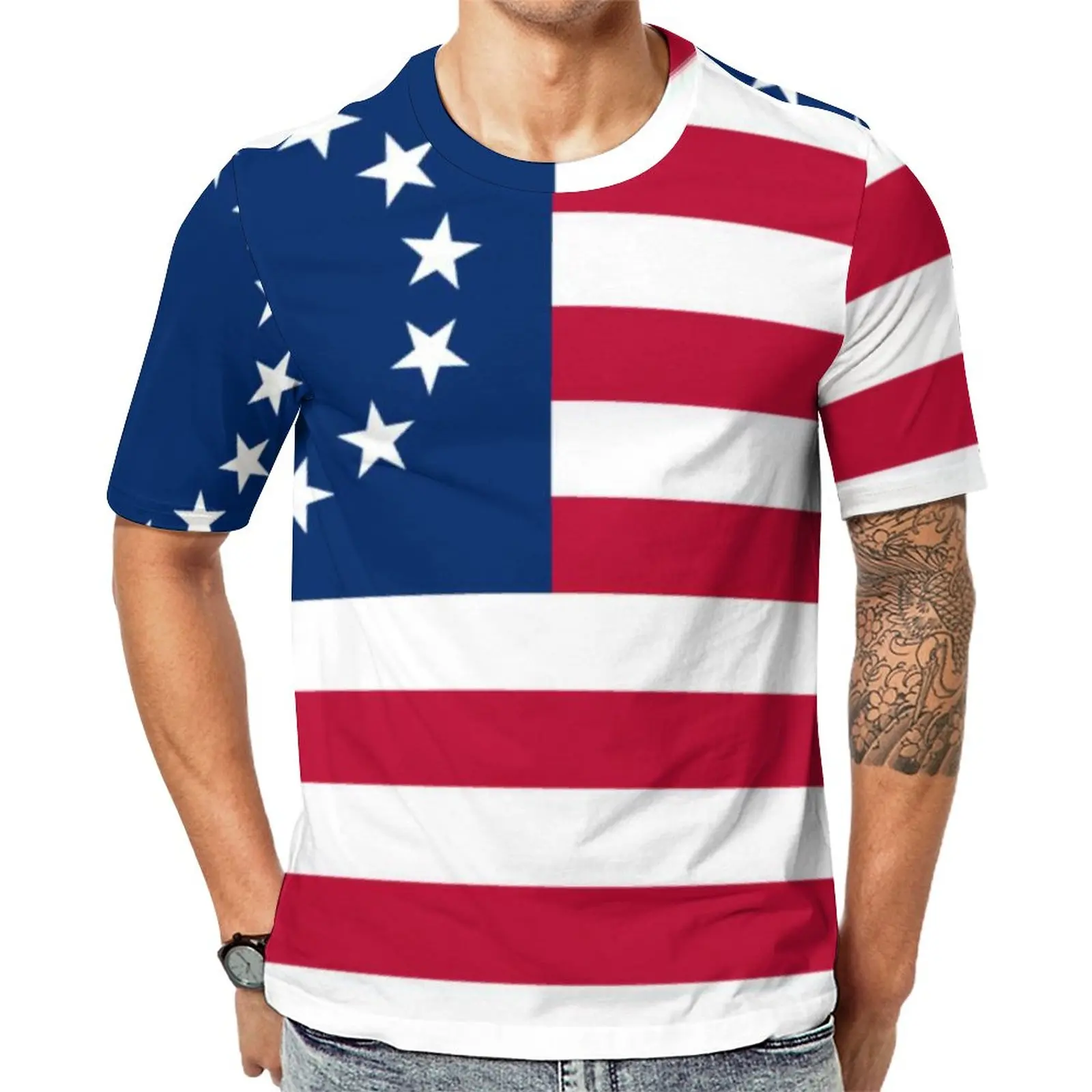 

American Flag T-Shirt Betsy Ross 13 Stars And Stripes Fashion T Shirts Male Casual Tee Shirt Summer Short-Sleeved Graphic Tees