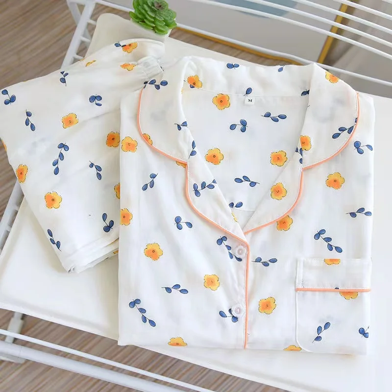 100% Cotton Women Pajamas Set 2 Piece /Set Turn-Down Collar Long-Sleeve Trousers Casual Sleepwear Female Homewear